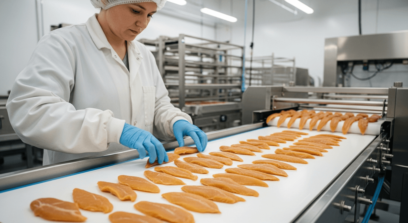 Production specialist inspecting premium freeze-dried meat treats in our quality control facility